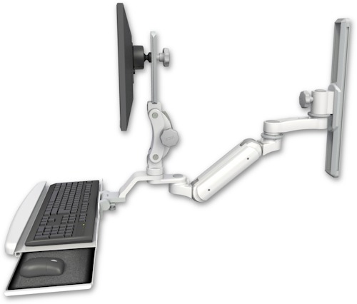 [UL180IHP-T19-KUB-AS1] AccessMount™ Inverted Ultra 180 Heavy Duty Arm with Paralink monitor mount mount on a 19" wall track slider, a wrist-rest keyboard tray, and an 6" arm