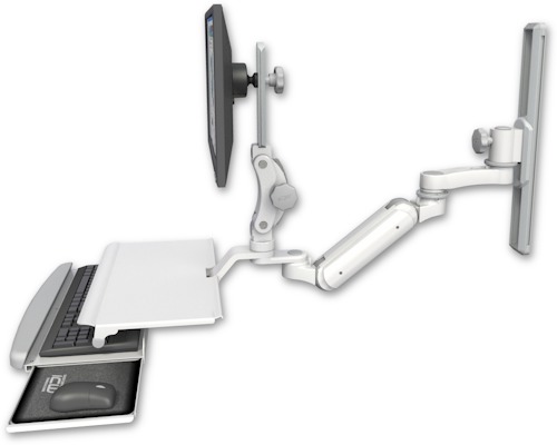 [UL180IHP-T19-KUS-AS1] AccessMount™ Inverted Ultra 180 Heavy Duty Arm with Paralink monitor mount mount on a 19" wall track slider, a work surface tray and slide-out keyboard tray, and an 6" arm