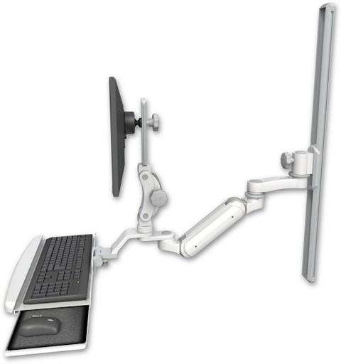 [UL180IHP-T36-KUB-AS1] AccessMount™ Inverted Ultra 180 Heavy Duty Arm with Paralink monitor mount mount on a 36" wall track slider, a wrist-rest keyboard tray, and an 6" arm
