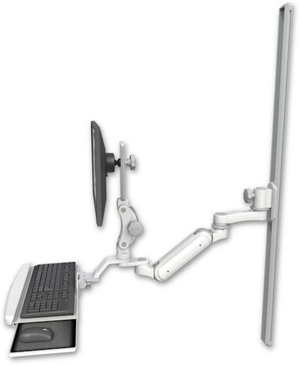 [UL180IHP-T50-KUB-AS1] AccessMount™ Inverted Ultra 180 Heavy Duty Arm with Paralink monitor mount mount on a 50" wall track slider, a wrist-rest keyboard tray, and an 6" arm