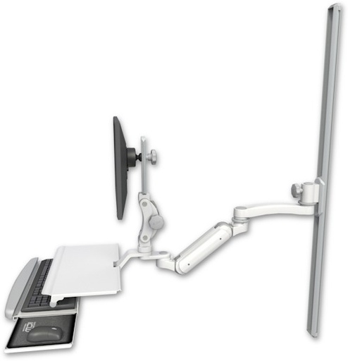[UL180IHP-T50-KUS-A1] AccessMount™ Inverted Ultra 180 Heavy Duty Arm with Paralink monitor mount mount on a 50" wall track slider, a work surface tray and slide-out keyboard tray, and an 11" arm