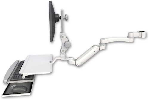 [UL180IP-P17-KUS-A1] AccessMount™ Inverted Ultra 180 Arm with Paralink monitor mount mount for a 1.75" pole, a work surface tray and slide-out keyboard tray, and an 11" arm