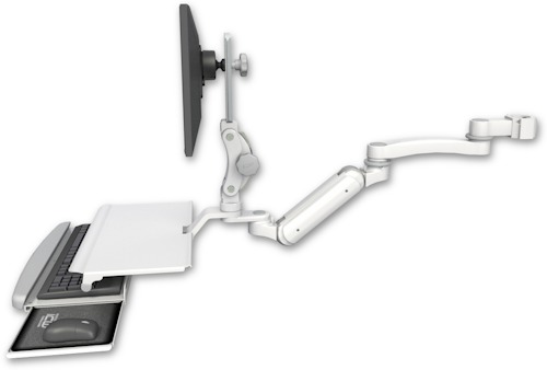 [UL180IP-P2-KUS-A1] AccessMount™ Inverted Ultra 180 Arm with Paralink monitor mount mount for a 2" pole, a work surface tray and slide-out keyboard tray, and an 11" arm
