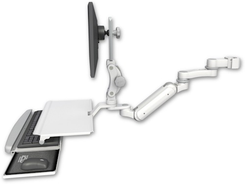 [UL180IP-P2-KUS-AS1] AccessMount™ Inverted Ultra 180 Arm with Paralink monitor mount mount for a 2" pole, a work surface tray and slide-out keyboard tray, and an 6" arm
