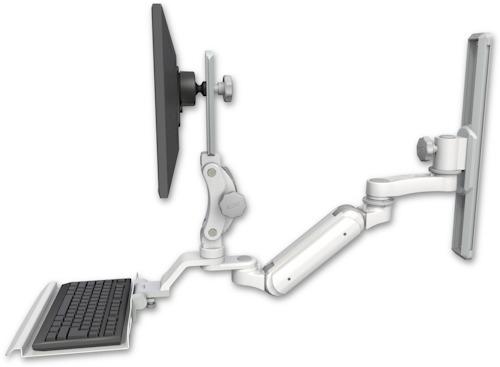 [UL180IP-T19-KU12-AS1] AccessMount™ Inverted Ultra 180 Arm with Paralink monitor mount mount on a 19" wall track slider, a 12" keyboard tray, and an 6" arm