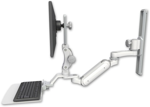 [UL180IP-T19-KU12F-AS1] AccessMount™ Inverted Ultra 180 Arm with Paralink monitor mount mount on a 19" wall track slider, a 12" flat keyboard tray, and an 6" arm