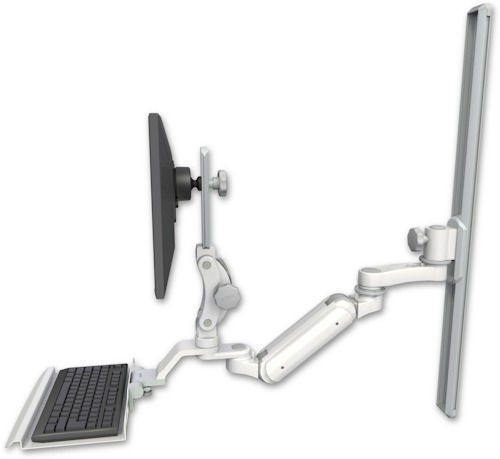 [UL180IP-T36-KU12-AS1] AccessMount™ Inverted Ultra 180 Arm with Paralink monitor mount mount on a 36" wall track slider, a 12" keyboard tray, and an 6" arm