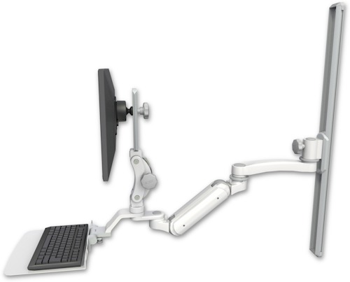 [UL180IP-T36-KU12F-A1] AccessMount™ Inverted Ultra 180 Arm with Paralink monitor mount mount on a 36" wall track slider, a 12" flat keyboard tray, and an 11" arm