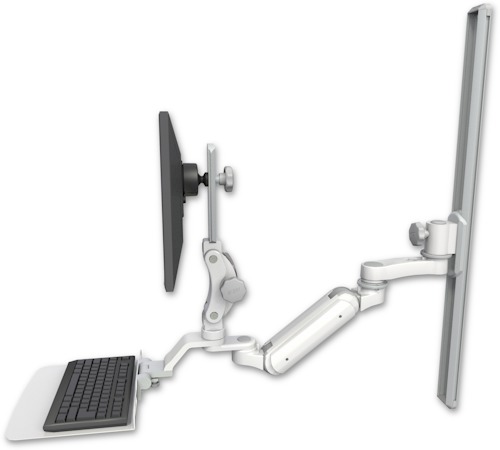 [UL180IP-T36-KU12F-AS1] AccessMount™ Inverted Ultra 180 Arm with Paralink monitor mount mount on a 36" wall track slider, a 12" flat keyboard tray, and an 6" arm