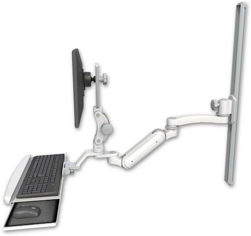 [UL180IP-T36-KUB-A1] AccessMount™ Inverted Ultra 180 Arm with Paralink monitor mount mount on a 36" wall track slider, a wrist-rest keyboard tray, and an 11" arm