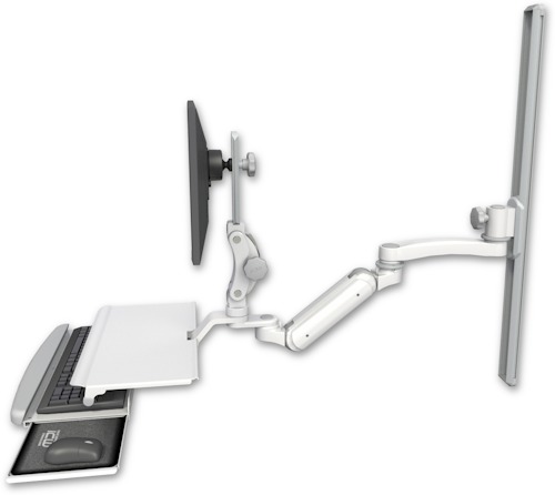 [UL180IP-T36-KUS-A1] AccessMount™ Inverted Ultra 180 Arm with Paralink monitor mount mount on a 36" wall track slider, a work surface tray and slide-out keyboard tray, and an 11" arm