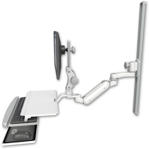 [UL180IP-T36-KUS-AS1] AccessMount™ Inverted Ultra 180 Arm with Paralink monitor mount mount on a 36" wall track slider, a work surface tray and slide-out keyboard tray, and an 6" arm