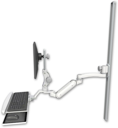 [UL180IP-T50-KUB-A1] AccessMount™ Inverted Ultra 180 Arm with Paralink monitor mount mount on a 50" wall track slider, a wrist-rest keyboard tray, and an 11" arm