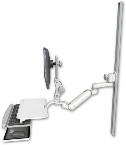 [UL180IP-T50-KUS-AS1] AccessMount™ Inverted Ultra 180 Arm with Paralink monitor mount mount on a 50" wall track slider, a work surface tray and slide-out keyboard tray, and an 6" arm