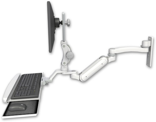 [UL180IP-W3-KUB-A1] AccessMount™ Inverted Ultra 180 Arm with Paralink monitor mount wall mount, a wrist-rest keyboard tray, and an 11" arm