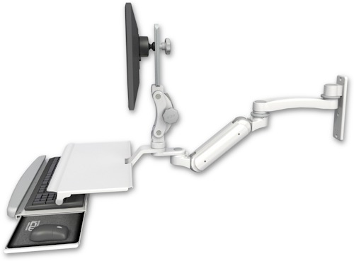 [UL180IP-W3-KUS-A1] AccessMount™ Inverted Ultra 180 Arm with Paralink monitor mount wall mount, a work surface tray and slide-out keyboard tray, and an 11" arm