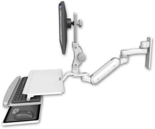 [UL180IP-W3-KUS-AS1] AccessMount™ Inverted Ultra 180 Arm with Paralink monitor mount wall mount, a work surface tray and slide-out keyboard tray, and an 6" arm