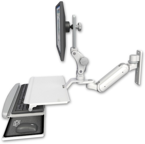 [UL180IP-W3-KUS] AccessMount™ Inverted Ultra 180 Arm with Paralink monitor mount wall mount and a work surface tray and slide-out keyboard tray