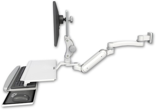 [UL180IP-W5-KUS-A1] AccessMount™ Inverted Ultra 180 Arm with Paralink monitor mount 3.5" wall mount, a work surface tray and slide-out keyboard tray, and an 11" arm