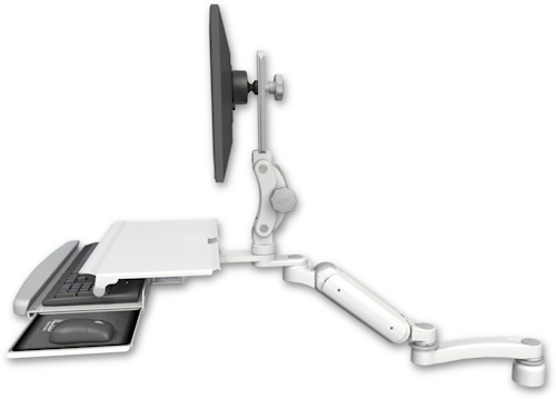 [UL180P-D1-KDS-A1] AccessMount™ Ultra 180 Arm with Paralink monitor mount desk mount, a 1" riser, a work surface tray and slide-out keyboard tray, and an 11" arm
