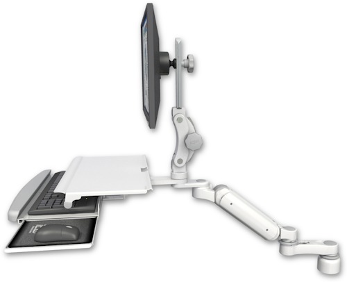 [UL180P-D1-KDS-AS1] AccessMount™ Ultra 180 Arm with Paralink monitor mount desk mount, a 1" riser, a work surface tray and slide-out keyboard tray, and an 6" arm