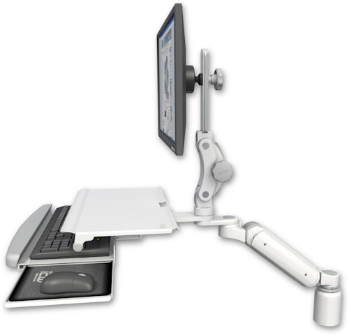 [UL180P-D3-KDS] AccessMount™ Ultra 180 Arm with Paralink monitor mount desk mount, a 3" riser, and a work surface tray and slide-out keyboard tray