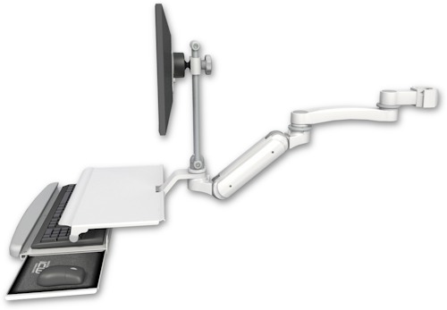 [UL180IHEV7-P2-KUS-A1] AccessMount™ Inverted Ultra 180 Heavy Duty Arm with EV710 monitor mount mount for a 2" pole, a work surface tray and slide-out keyboard tray, and an 11" arm