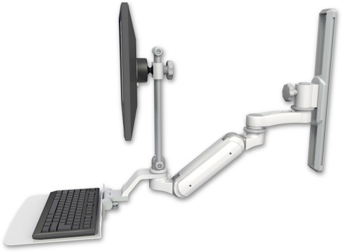 [UL180IHEV7-T19-KU12F-AS1] AccessMount™ Inverted Ultra 180 Heavy Duty Arm with EV710 monitor mount mount on a 19" wall track slider, a 12" flat keyboard tray, and an 6" arm