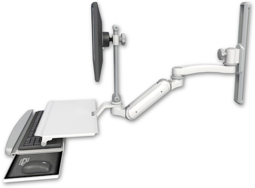 [UL180IHEV7-T19-KUS-A1] AccessMount™ Inverted Ultra 180 Heavy Duty Arm with EV710 monitor mount mount on a 19" wall track slider, a work surface tray and slide-out keyboard tray, and an 11" arm