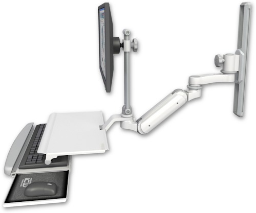 [UL180IHEV7-T19-KUS-AS1] AccessMount™ Inverted Ultra 180 Heavy Duty Arm with EV710 monitor mount mount on a 19" wall track slider, a work surface tray and slide-out keyboard tray, and an 6" arm