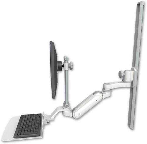 [UL180IHEV7-T36-KU12F-AS1] AccessMount™ Inverted Ultra 180 Heavy Duty Arm with EV710 monitor mount mount on a 36" wall track slider, a 12" flat keyboard tray, and an 6" arm