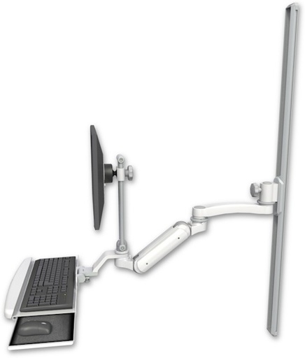 [UL180IHEV7-T50-KUB-A1] AccessMount™ Inverted Ultra 180 Heavy Duty Arm with EV710 monitor mount mount on a 50" wall track slider, a wrist-rest keyboard tray, and an 11" arm