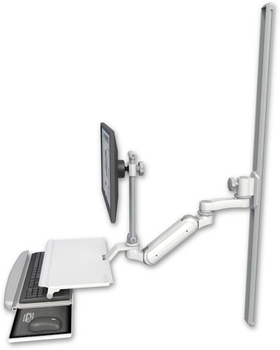 [UL180IHEV7-T50-KUS-AS1] AccessMount™ Inverted Ultra 180 Heavy Duty Arm with EV710 monitor mount mount on a 50" wall track slider, a work surface tray and slide-out keyboard tray, and an 6" arm