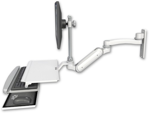 [UL180IHEV7-W3-KUS-A1] AccessMount™ Inverted Ultra 180 Heavy Duty Arm with EV710 monitor mount wall mount, a work surface tray and slide-out keyboard tray, and an 11" arm