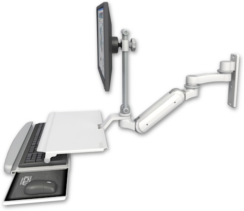 [UL180IHEV7-W3-KUS-AS1] AccessMount™ Inverted Ultra 180 Heavy Duty Arm with EV710 monitor mount wall mount, a work surface tray and slide-out keyboard tray, and an 6" arm