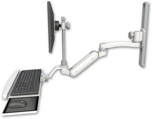 [UL180IEV7-T19-KUB-A1] AccessMount™ Inverted Ultra 180 Arm with EV710 monitor mount mount on a 19" wall track slider, a wrist-rest keyboard tray, and an 11" arm