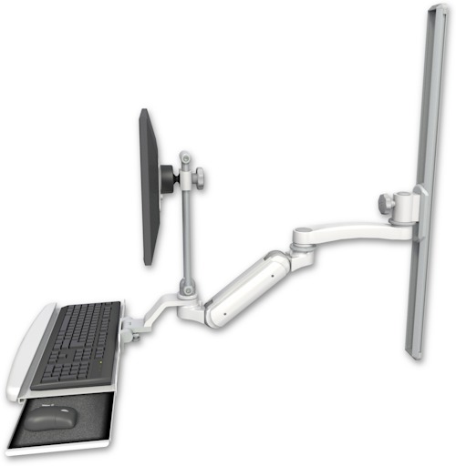 [UL180IEV7-T36-KUB-A1] AccessMount™ Inverted Ultra 180 Arm with EV710 monitor mount mount on a 36" wall track slider, a wrist-rest keyboard tray, and an 11" arm