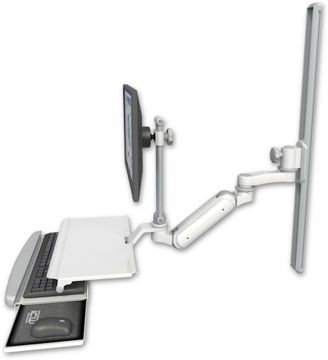 [UL180IEV7-T36-KUS-AS1] AccessMount™ Inverted Ultra 180 Arm with EV710 monitor mount mount on a 36" wall track slider, a work surface tray and slide-out keyboard tray, and an 6" arm