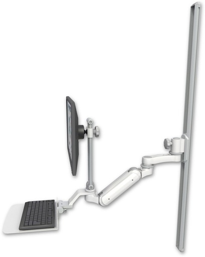 [UL180IEV7-T50-KU12F-AS1] AccessMount™ Inverted Ultra 180 Arm with EV710 monitor mount mount on a 50" wall track slider, a 12" flat keyboard tray, and an 6" arm