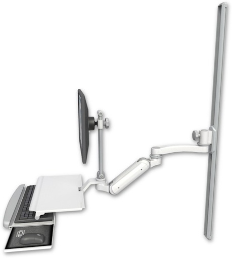[UL180IEV7-T50-KUS-A1] AccessMount™ Inverted Ultra 180 Arm with EV710 monitor mount mount on a 50" wall track slider, a work surface tray and slide-out keyboard tray, and an 11" arm