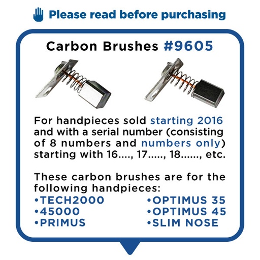 [9605] Square Carbon Brushes for Tech 2000 / 45000 / Optimus / 
Slim Nose/RP300/Primus Handpieces